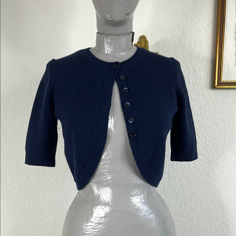 MK Michael Kors Collection Cashmere Cropped Curved Hem Elbow Sleeve Cardigan